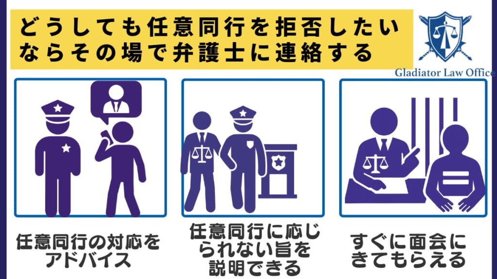どうしても任意同行を拒否したいならその場で弁護士に連絡する