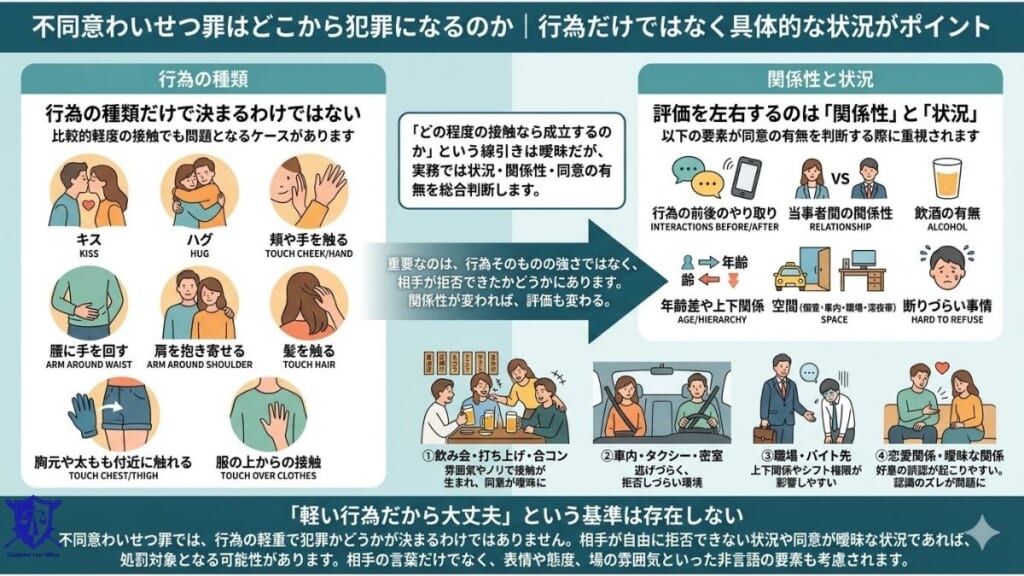 不同意わいせつ罪はどこから犯罪になるのか｜行為だけではなく具体的な状況がポイント