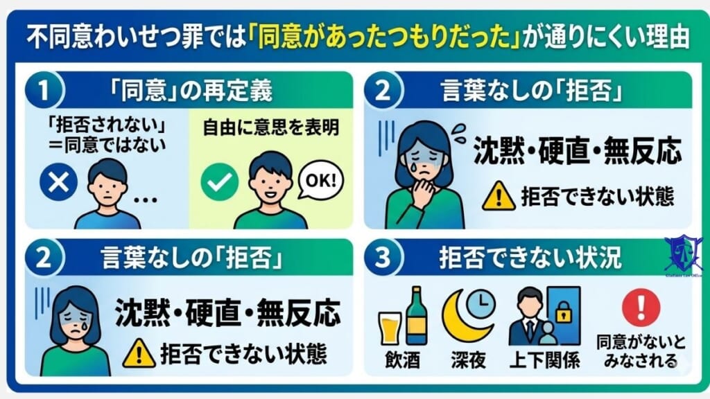 不同意わいせつ罪では「同意があったつもりだった」が通りにくい理由