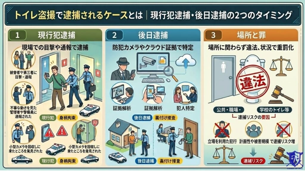 トイレ盗撮で逮捕されるケースとは|現行犯逮捕・後日逮捕の2つのタイミング