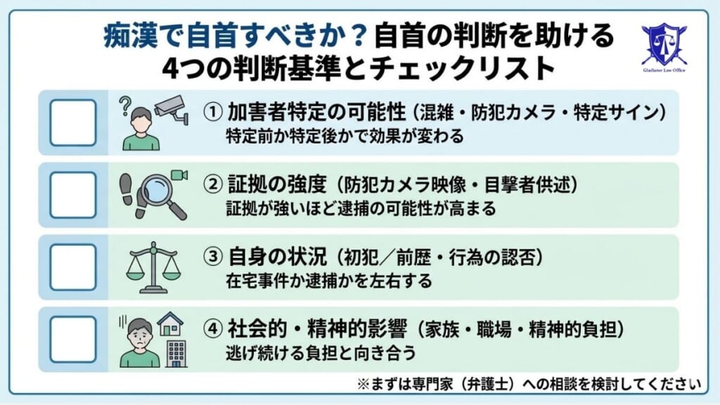 痴漢で自首すべきか？自首の判断を助ける4つの判断基準とチェックリスト