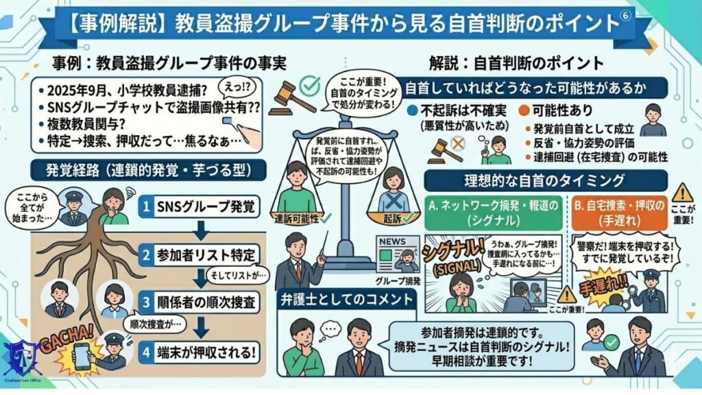 【事例解説】教員盗撮グループ事件から見る自首判断のポイント