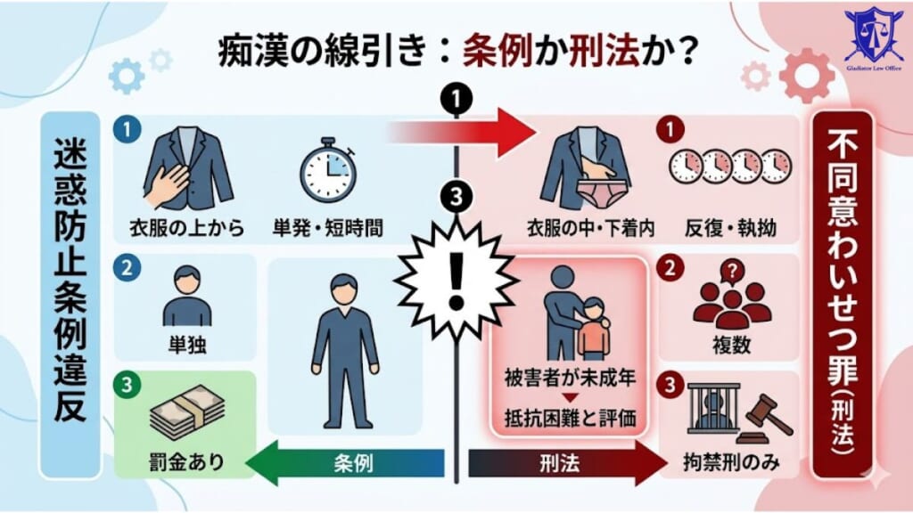 迷惑防止条例違反の痴漢と不同意わいせつ罪の違い｜どこで切り替わるのか？