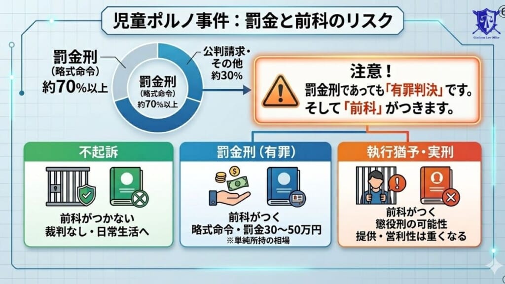 児童ポルノ事件は起訴されると約70％が罰金処分になる