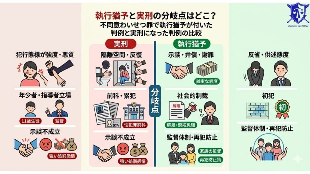 執行猶予と実刑の分岐点はどこ？不同意わいせつ罪で執行猶予が付いた判例と実刑になった判例の比較