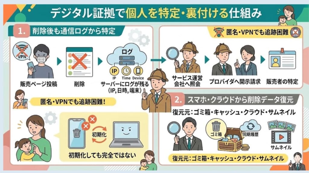 IP情報・ログ記録・プロバイダ照会で個人を特定する仕組み
スマホ・クラウドに残るデータが復元される仕組み