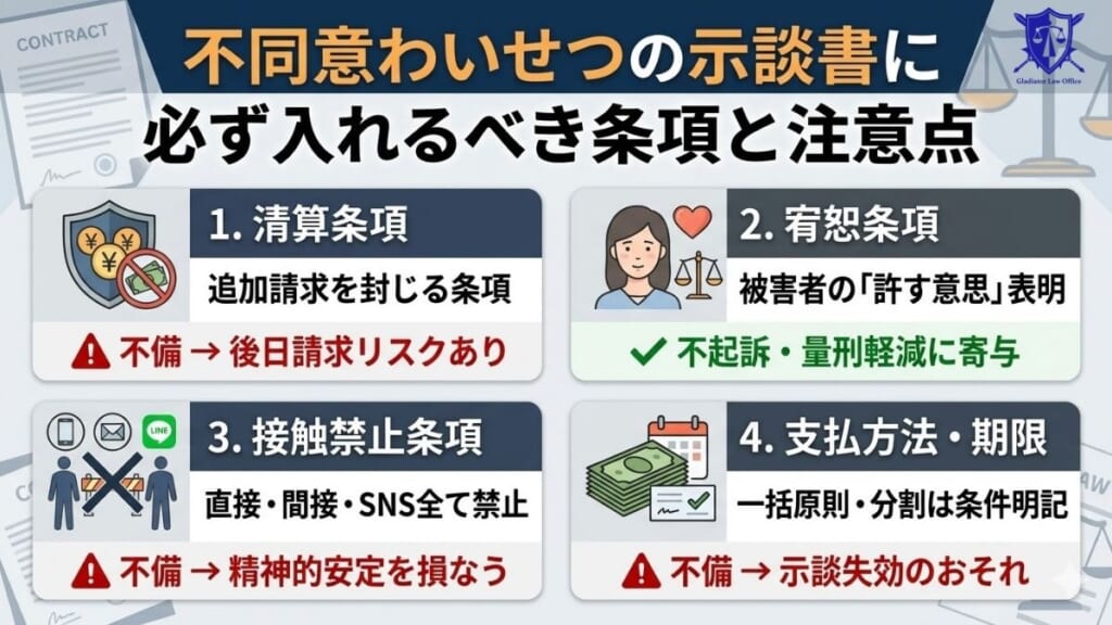 不同意わいせつの示談書に必ず入れるべき条項と注意点