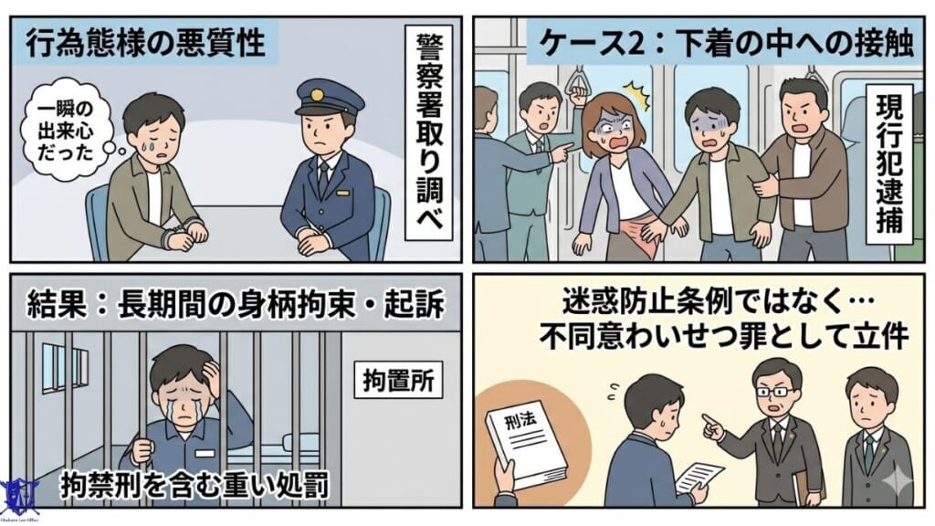 ケース2：下着の中に触れた → 刑法適用で重い処罰も