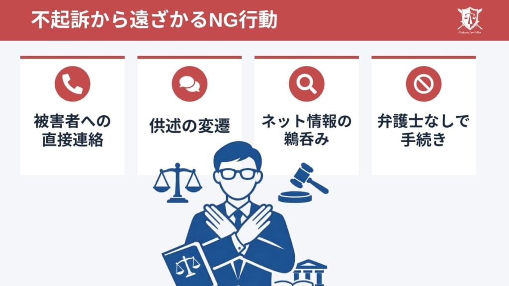 公然わいせつ罪で不起訴を目指すうえでやってはいけないNG行動｜不起訴から遠ざかる対応とは