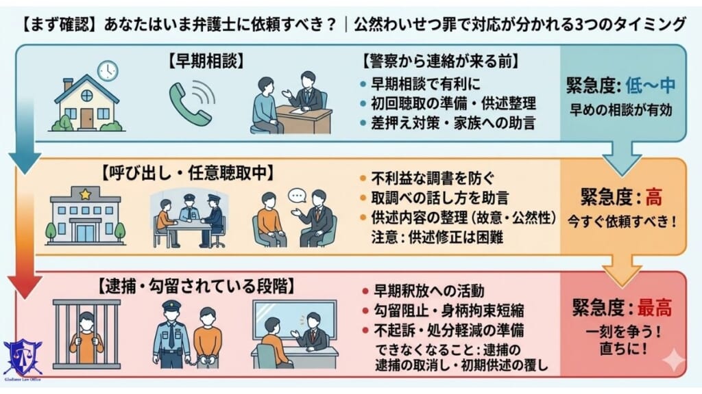 【まず確認】あなたはいま弁護士に依頼すべき？｜公然わいせつ罪で対応が分かれる3つのタイミング