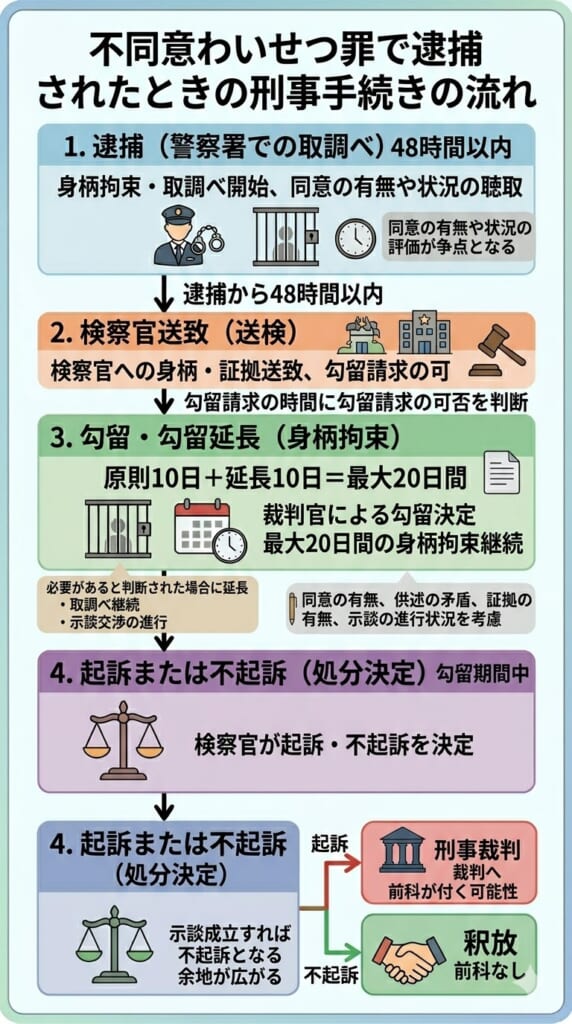 不同意わいせつ罪で逮捕されたときの刑事手続きの流れ
