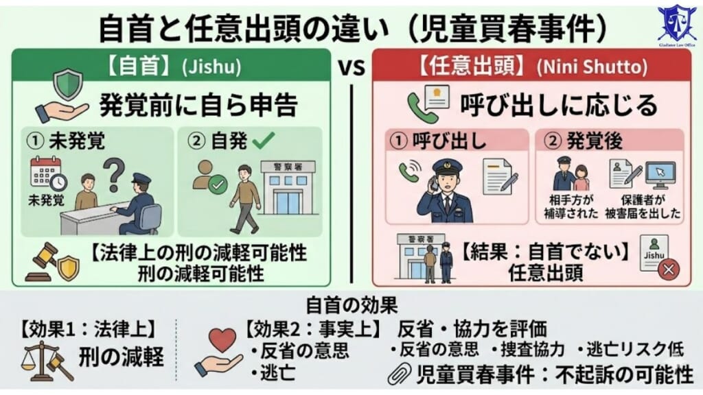 件での「自首」とは何か｜任意出頭との違い