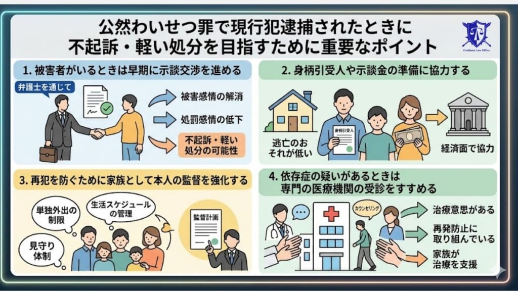 公然わいせつ罪で現行犯逮捕されたときに不起訴・軽い処分を目指すために重要なポイント