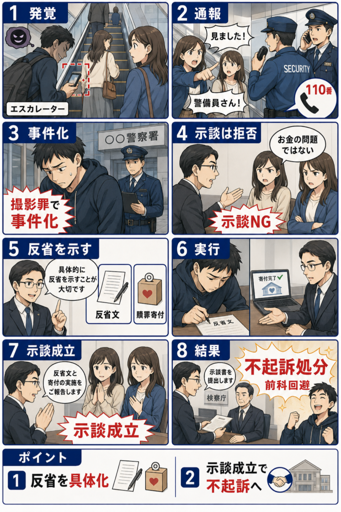 撮影罪(性的姿態撮影等処罰法)施行後のエスカレーター内での盗撮について不起訴処分となった事例