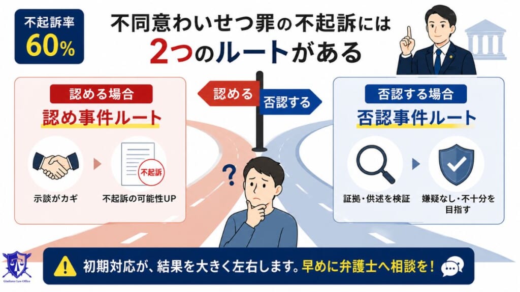 【不起訴率60%】不同意わいせつ罪の不起訴には「認める場合」と「否認する場合」で異なる2つのルートがある
