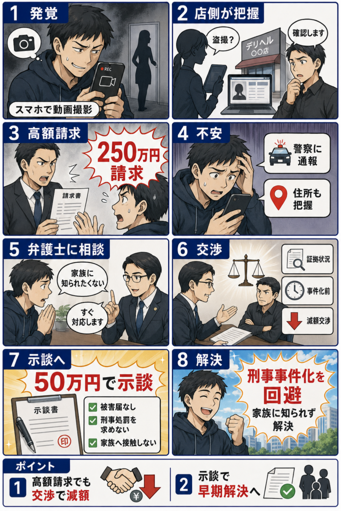 デリヘルで盗撮後逃亡し、警察に連絡されたが示談により罰金刑を回避できた事例