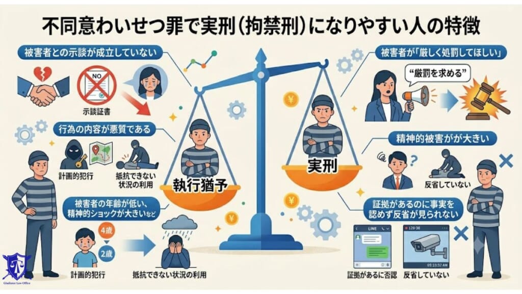 不同意わいせつ罪で懲役（拘禁刑）の実刑になりやすい人の特徴