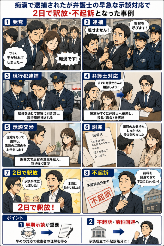 痴漢で逮捕されたが弁護士の早急な示談対応で2日で釈放・不起訴となった事例