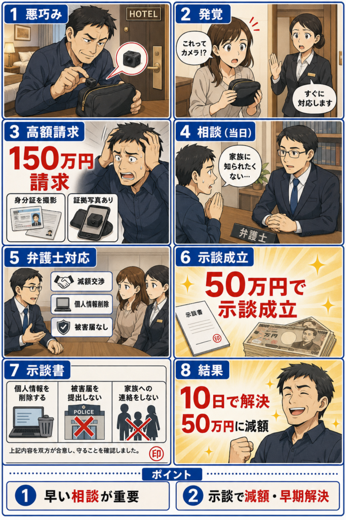 ホテルで女性の裸を盗撮し、150万円を要求されたが、50万円まで減額し、示談が成立した事例！