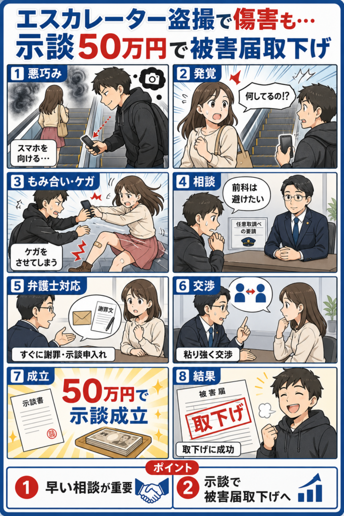 エスカレーターで女性のスカートの中を盗撮し傷害を負わせたが、示談金50万円を支払い、被害届を取下げてもらった事例！