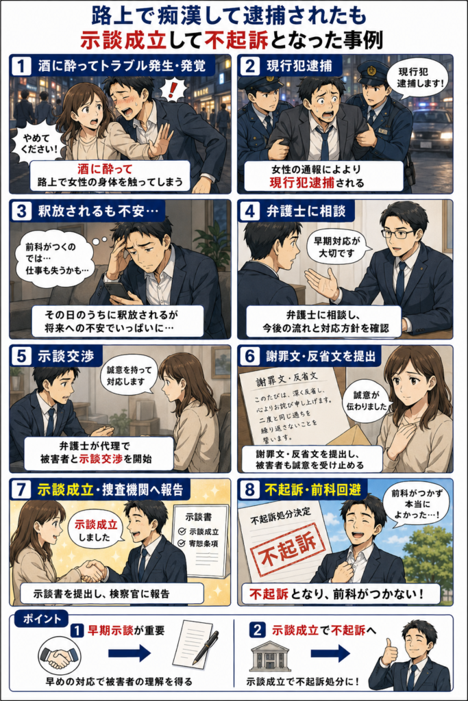 路上で痴漢して逮捕されるも示談成立して不起訴となった事例