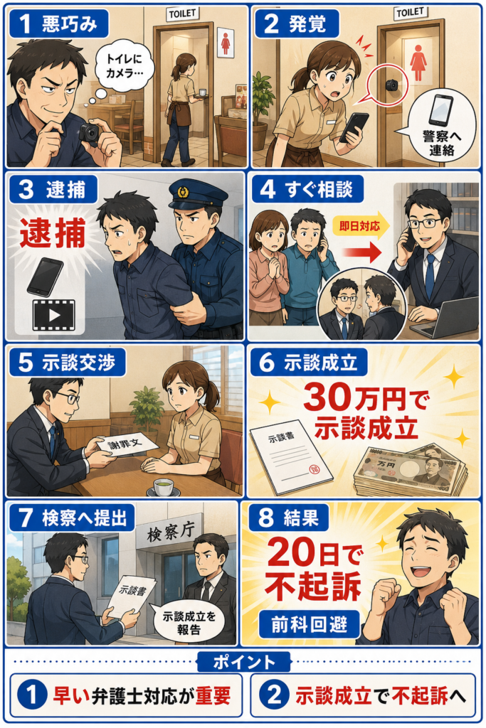 ファミレスのトイレ内で従業員女性を盗撮をして、示談金30万円を支払い、わずか20日で不起訴処分を獲得した事例！