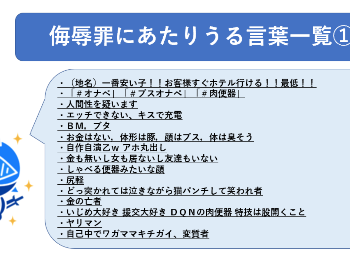 侮辱罪にあたる言葉は？刑事告訴や損害賠償請求に役立つ実例３０選！ - 誹謗中傷削除・発信者情報開示の弁護士無料相談