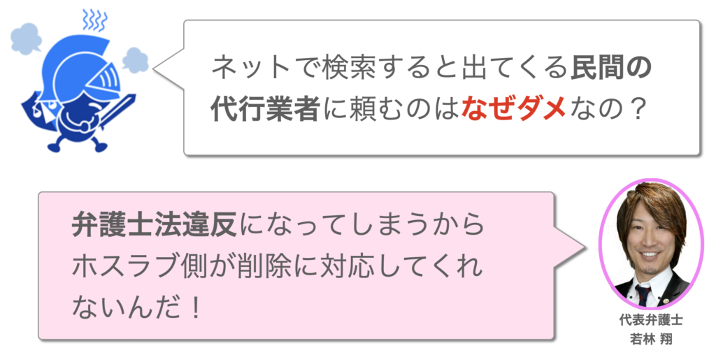 民間の代行業者を使ってもホスラブには削除してもらえない