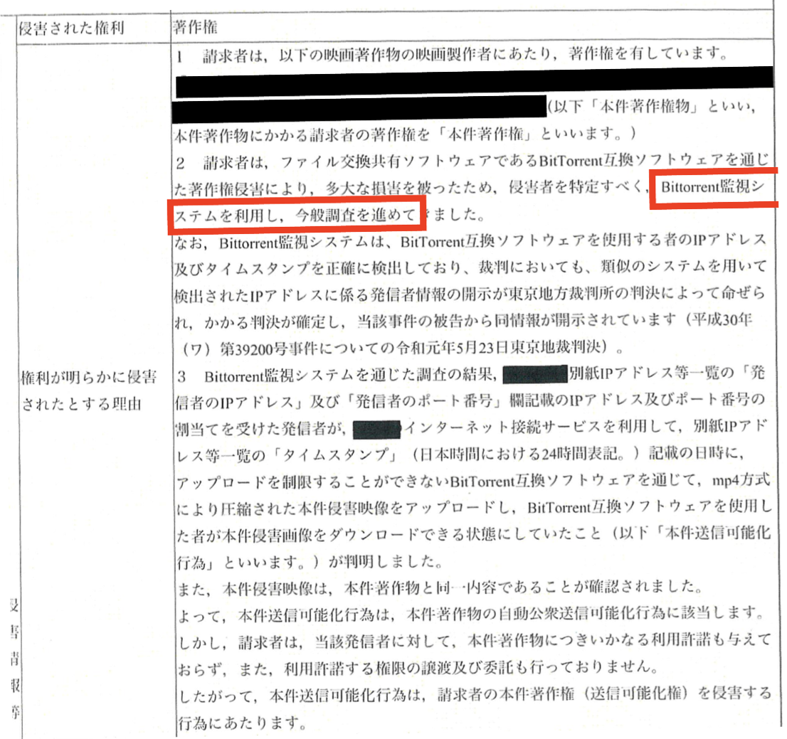 意見照会書の「権利侵害を主張する理由」の一部