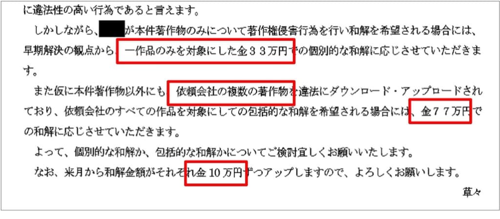 違法ダウンロードの和解書面