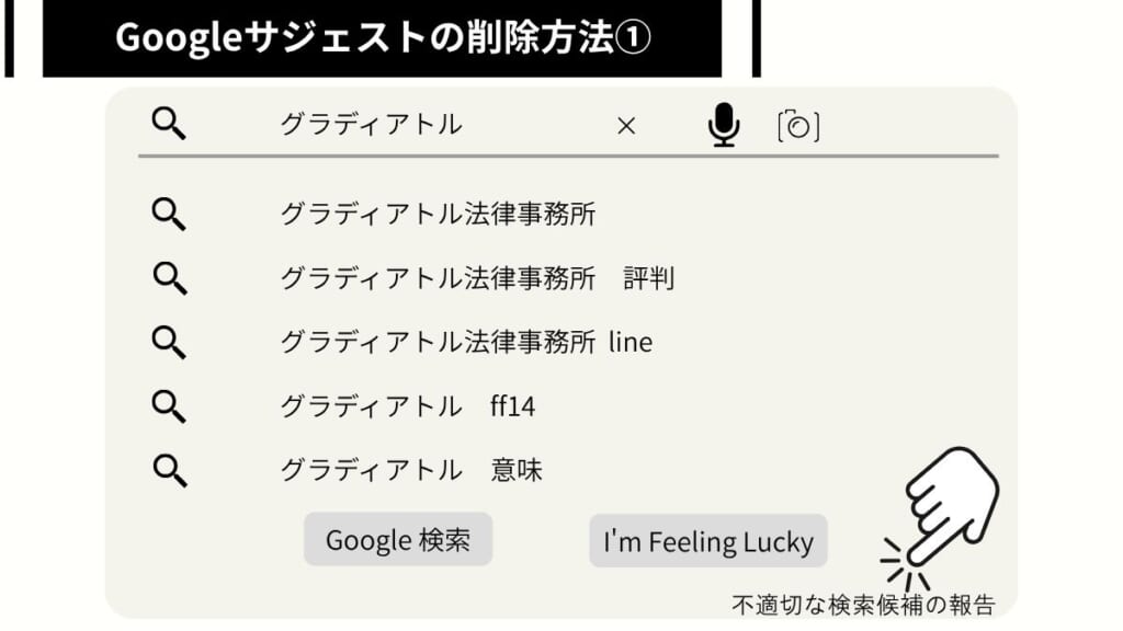 Googleサジェストの削除方法①|「不適切な検索候補の報告」からの削除申請