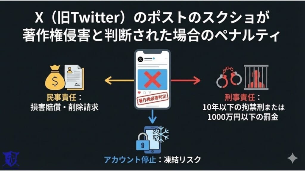 X（旧Twitter）のポストのスクショが著作権侵害と判断された場合のペナルティ