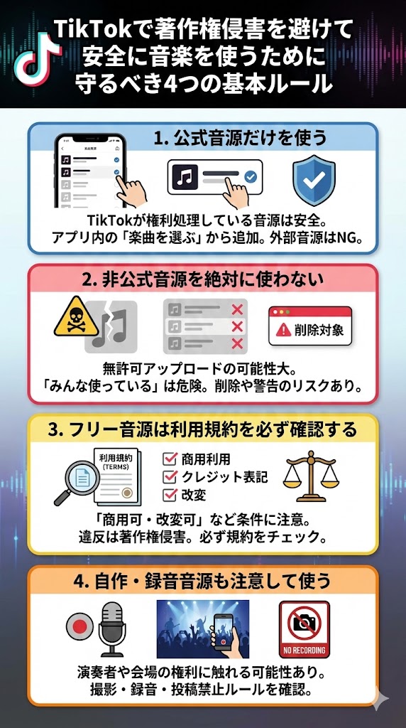 TikTokで著作権侵害を避けて安全に音楽を使うために守るべき4つの基本ルール