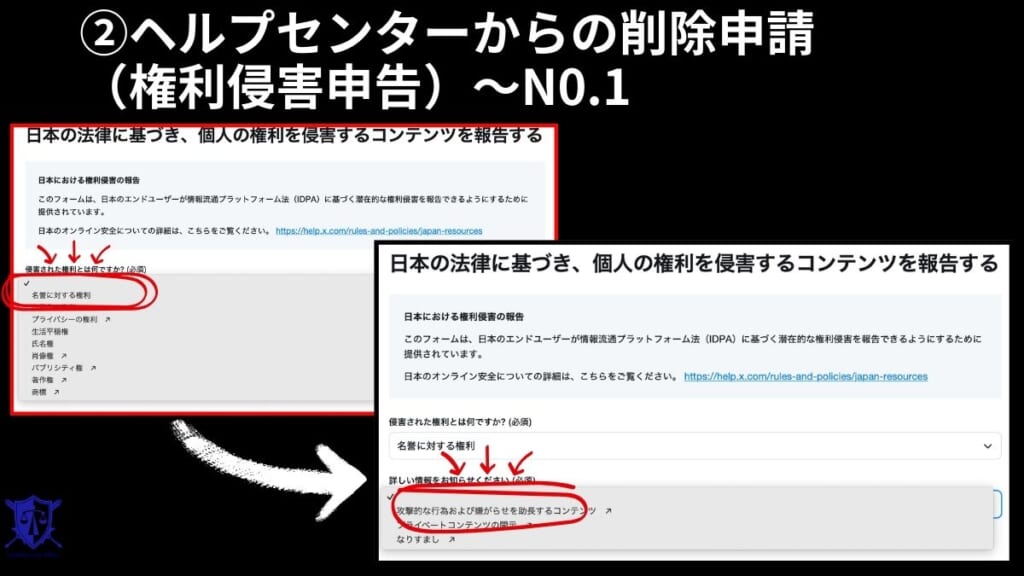 ②ヘルプセンターからの削除申請（権利侵害申告）