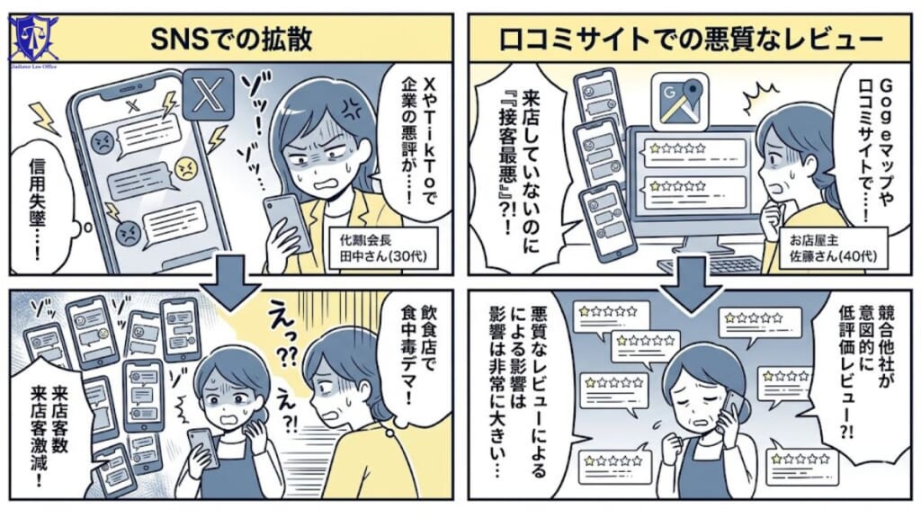 SNSで企業の悪評を拡散されるケースとGoogleマップや口コミサイトでの悪質なレビュー