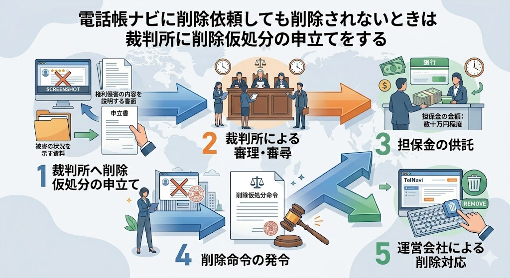 電話帳ナビに削除依頼しても削除されないときは裁判所に削除仮処分の申立てをする