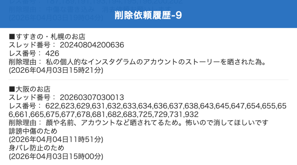 ホスラブの削除依頼の履歴公開
