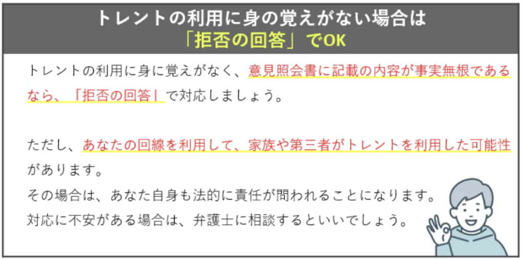 トレントの利用に身の覚えがない場合は拒否の回答でOK