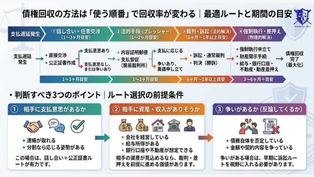 債権回収の方法は「使う順番」で回収率が変わる｜最適ルートと期間の目安