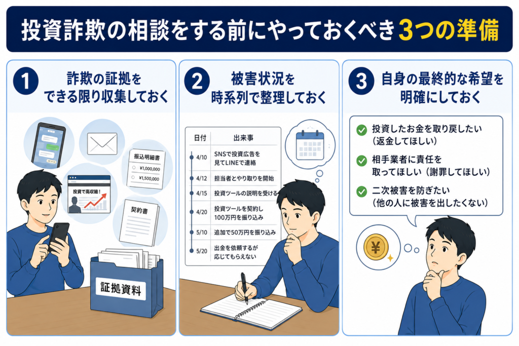 投資詐欺の相談をする前にやっておくべき3つの準備