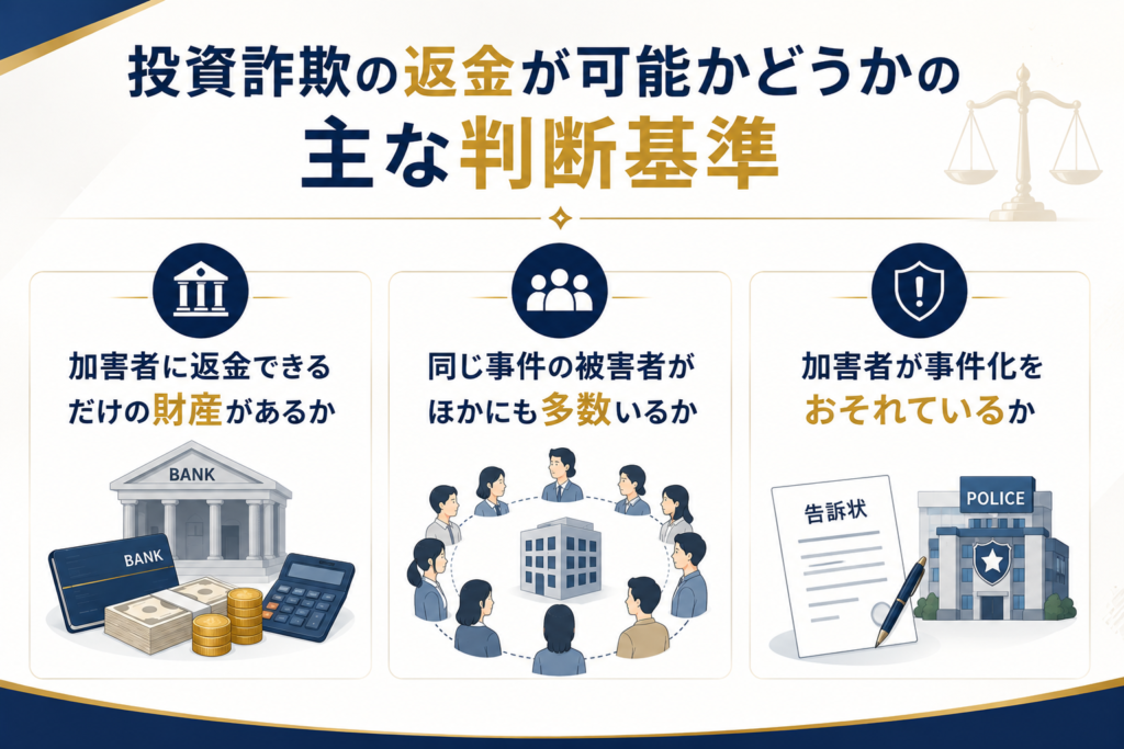 投資詐欺の返金が可能かどうかの主な判断基準