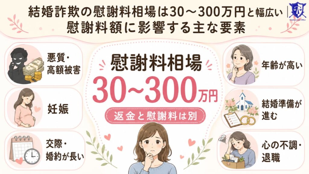 結婚詐欺の慰謝料相場は30～300万円と幅広い｜慰謝料額に影響する主な要素