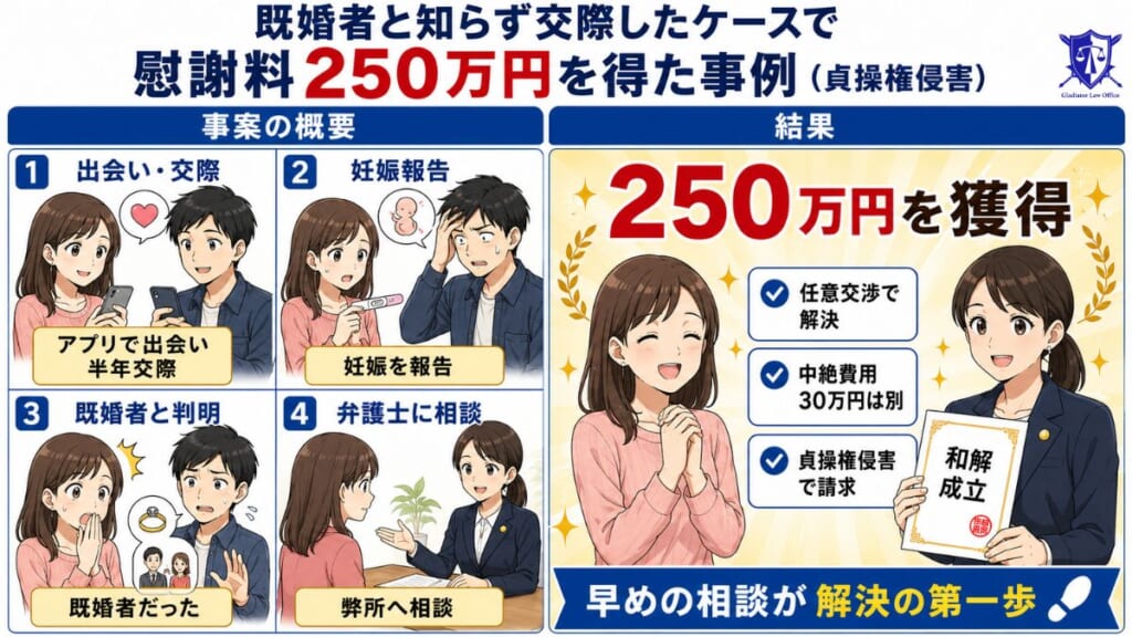 既婚者と知らず交際したケースで慰謝料250万円を得た事例(貞操権侵害)