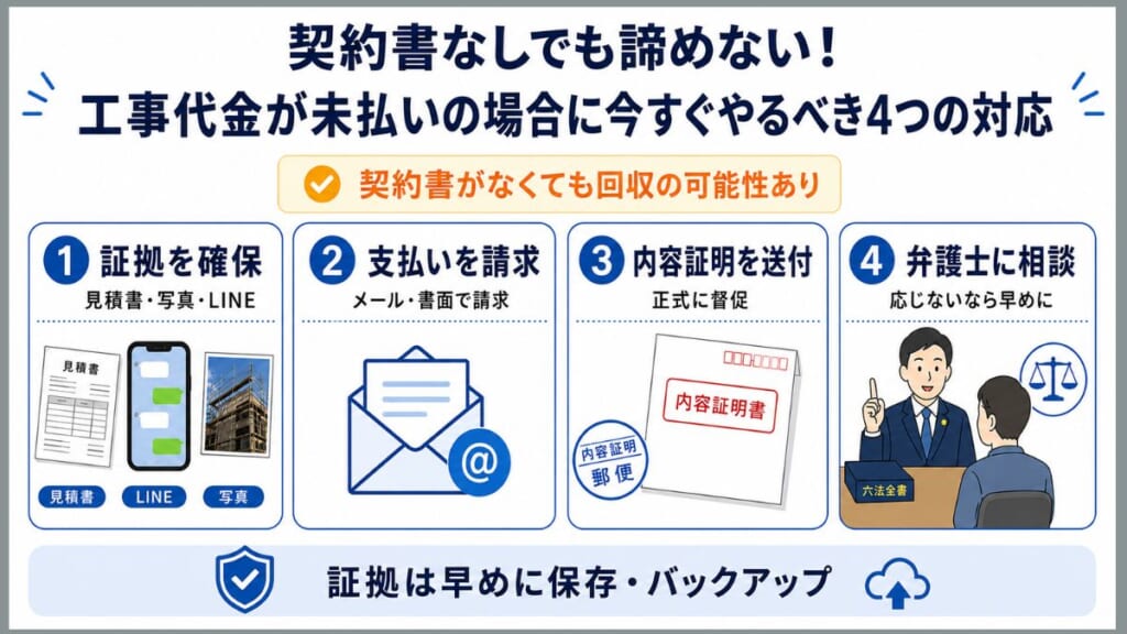 契約書なしでも諦めない!工事代金が未払いの場合に今すぐやるべき4つの対応