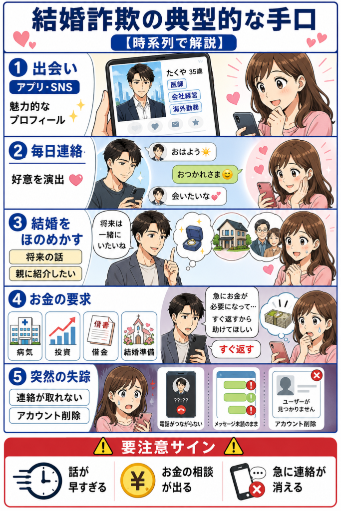 結婚詐欺の典型的な手口【時系列で解説】