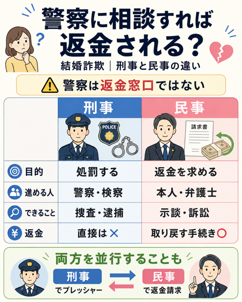 警察に相談すれば結婚詐欺で騙されたお金は返金される?刑事と民事との違い