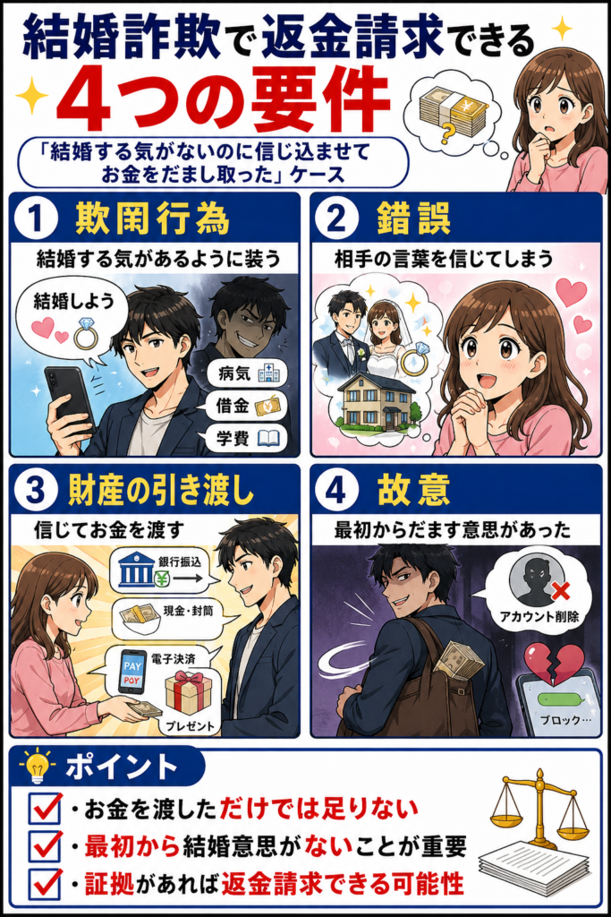 結婚詐欺で返金請求できるのは結婚する意思がないのに結婚すると信じ込ませて金銭をだまし取られたケース