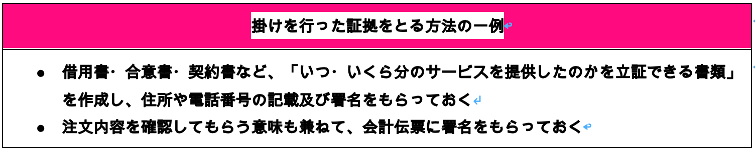 掛けを行った証拠をとる方法の一例