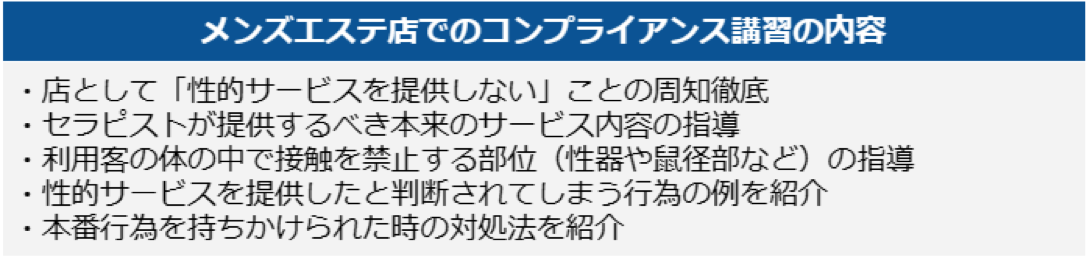 メンズエステ店でのコンプライアンス講習の内容