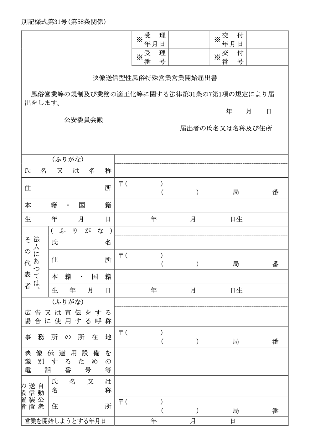 映像送信型性風俗特殊営業営業開始届出書